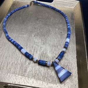 Vintage blue denim sponge coral 18 inch necklace, with 1 inch pendant.